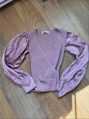Anthropologie Mauve Pullover Sweater with Sheer Puff Sleeves